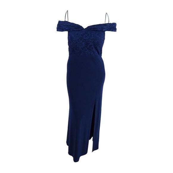 Nightway Women's Glitter Lace Off-The-Shoulder Gown - Navy - Picture 2 of 3